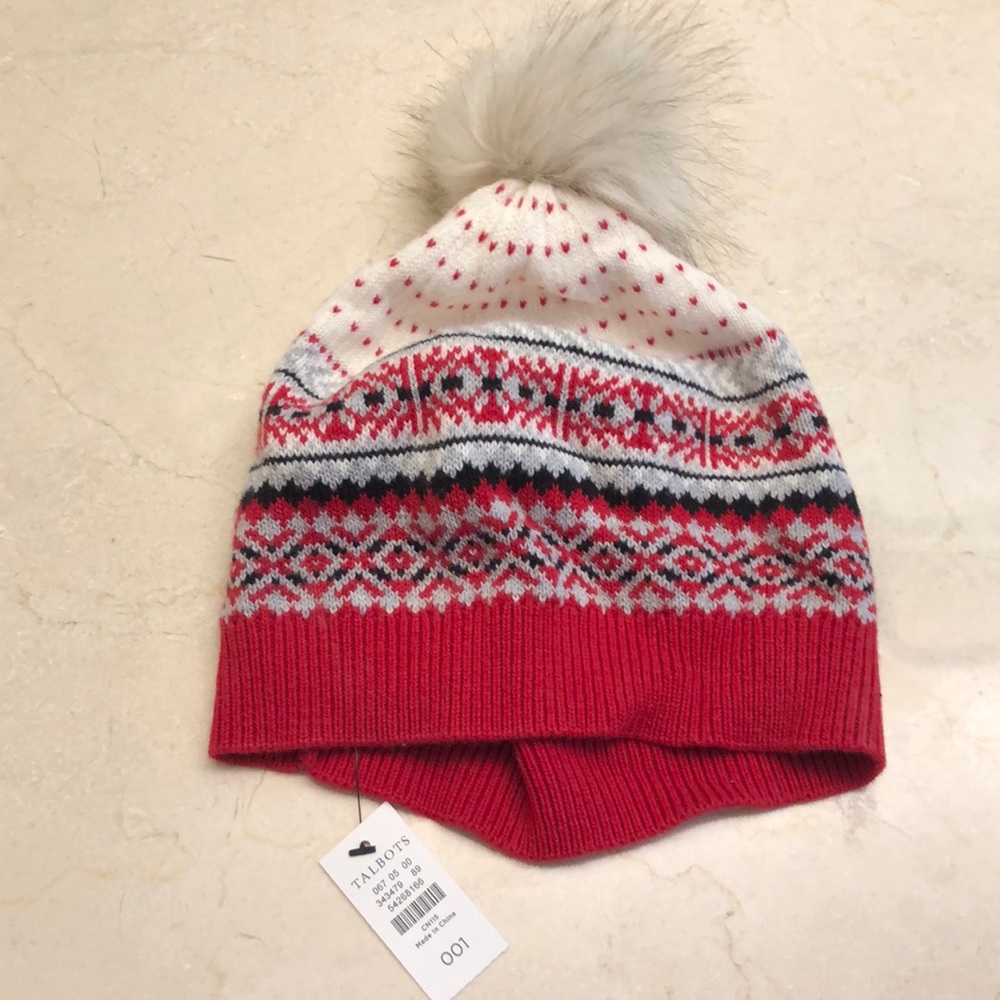 Talbots winter hat, red patterns with Pom Pom